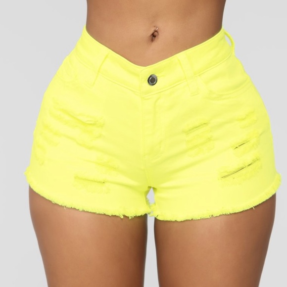 neon yellow denim shorts